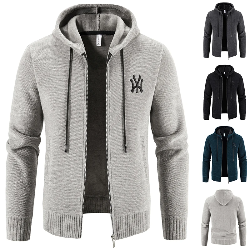 

Mens Hoodies Autumn Winter Jacket Knit Sweater Coat Wool Full Zip Solid Korean Y2K Cardigan Hooded Luxury Brand Sweatercoat