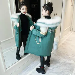 Winter Girls Cotton Padded Jacket 2023 New Children Clothes Thickened Thick Parka Fur Collar Hooded Snowsuit Outerwear Coats 14Y