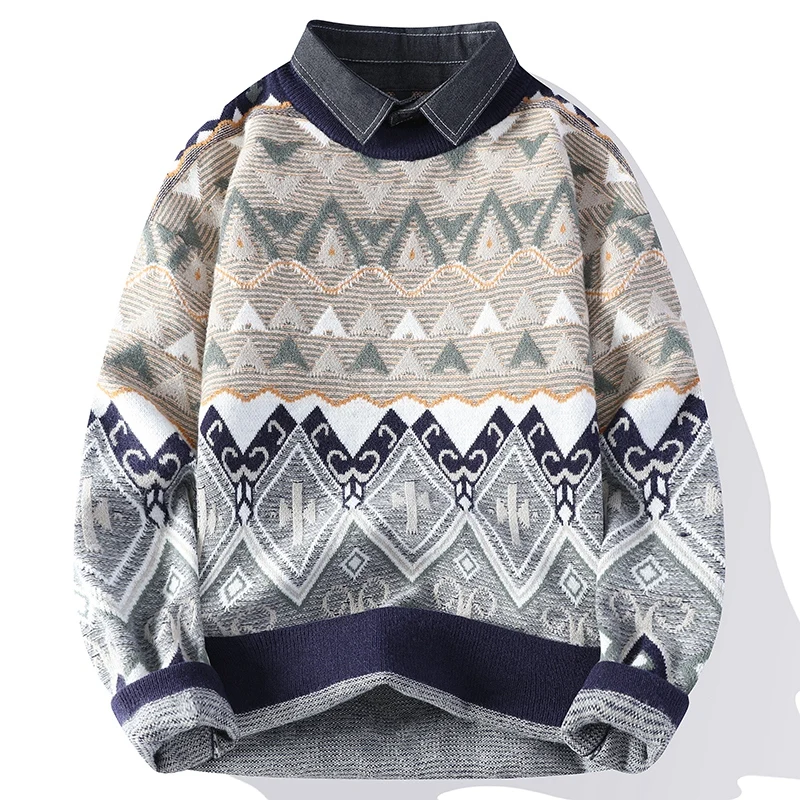 

Мужской вязаный свитер с воротником-стойкой, утепленный, свободного кроя, в стиле ретро, для зимы, повседневная мода, 100% полиэстер