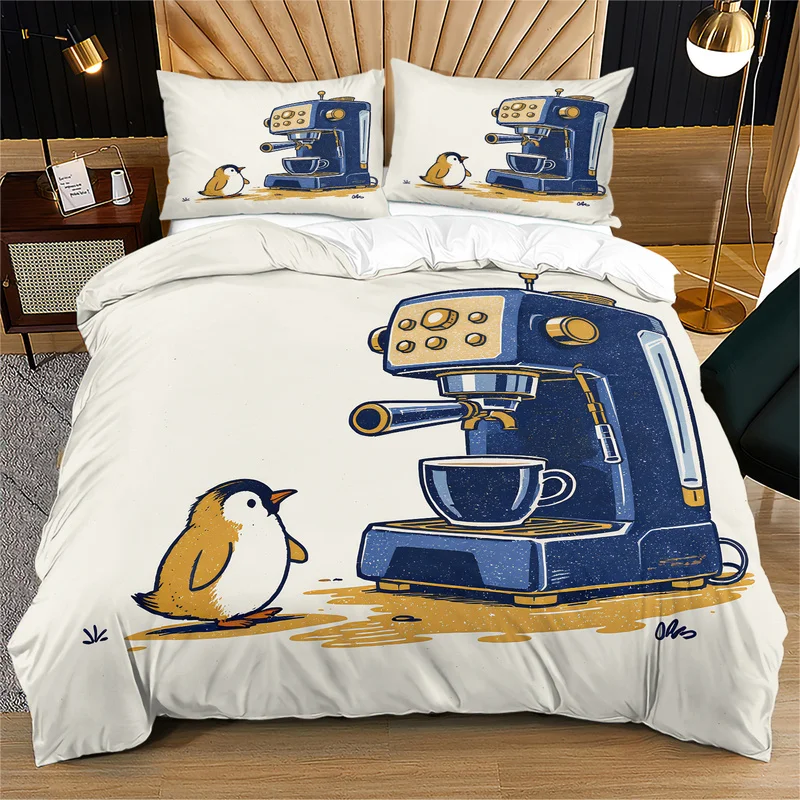Retro Cartoon Penguin Duvet Cover Set Cute Coffee Machine Print Bedding Set Fashion Quilt Cover Set For Bedroom Home Decor Gift