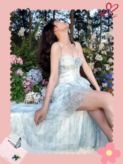 

Oversize Premium Ruffle Edge Irregular Blue Suspender Dress Sweet Girls Seaside Vacation High Waist Sleeveless Short Dresses