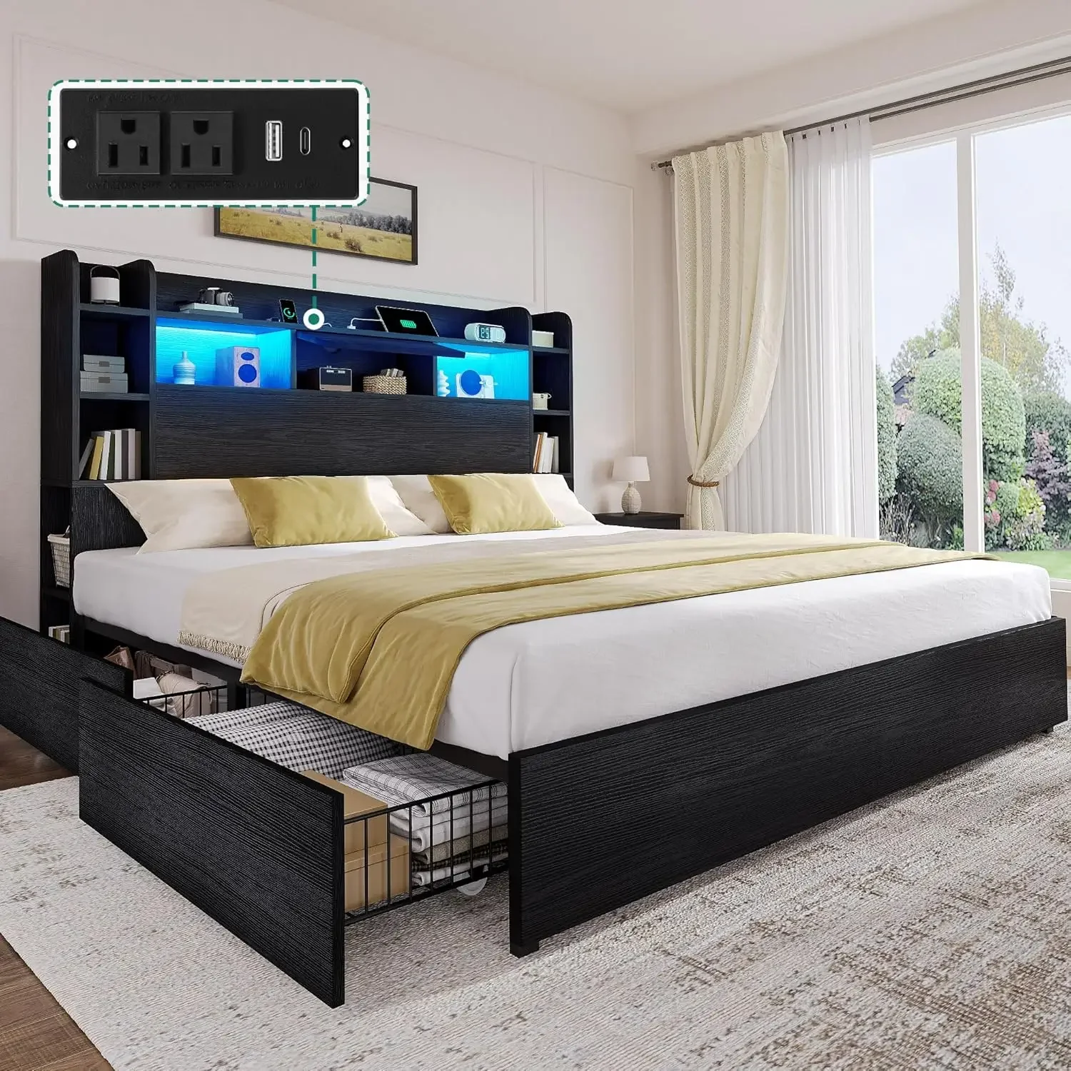 RGB LED Bed Frame with Type-C & USB Charging Station Storage Headboard Beds, No Box Spring Needed, Noise Free, Black