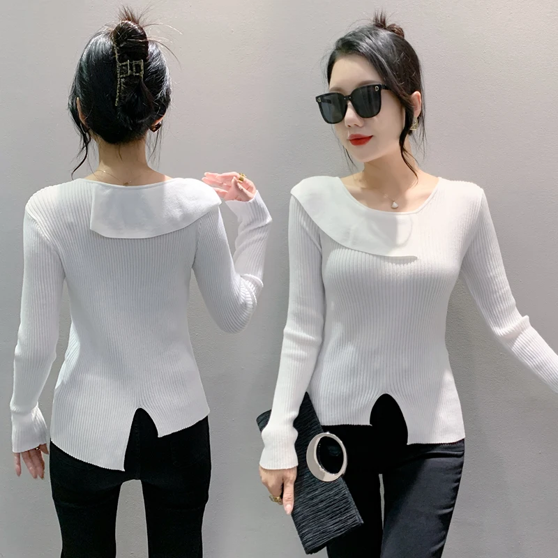 MadBlack European Clothes Sweater Women Slant Collar Slim Slit Rib Knit Top Long Sleeve Pullovers Autumn Spring T38069JM