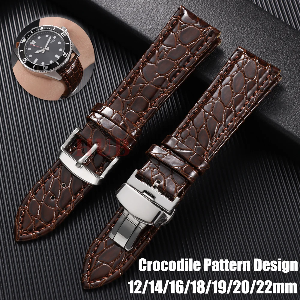 Crocodile Pattern Design Leather Watch Strap 12mm 14mm 16mm 18mm 19mm 20mm 22mm Soft Watchbands Casual Business Wristwatch Band