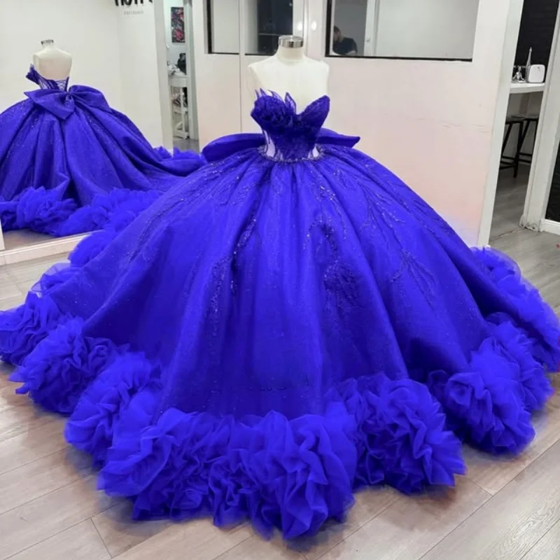 

Shiny Royal Blue Quinceanera Dresses off-shoulder Crystal Decal Lace Layering Ruffle Bow Long tail Vestido De 15 Quinceaneras