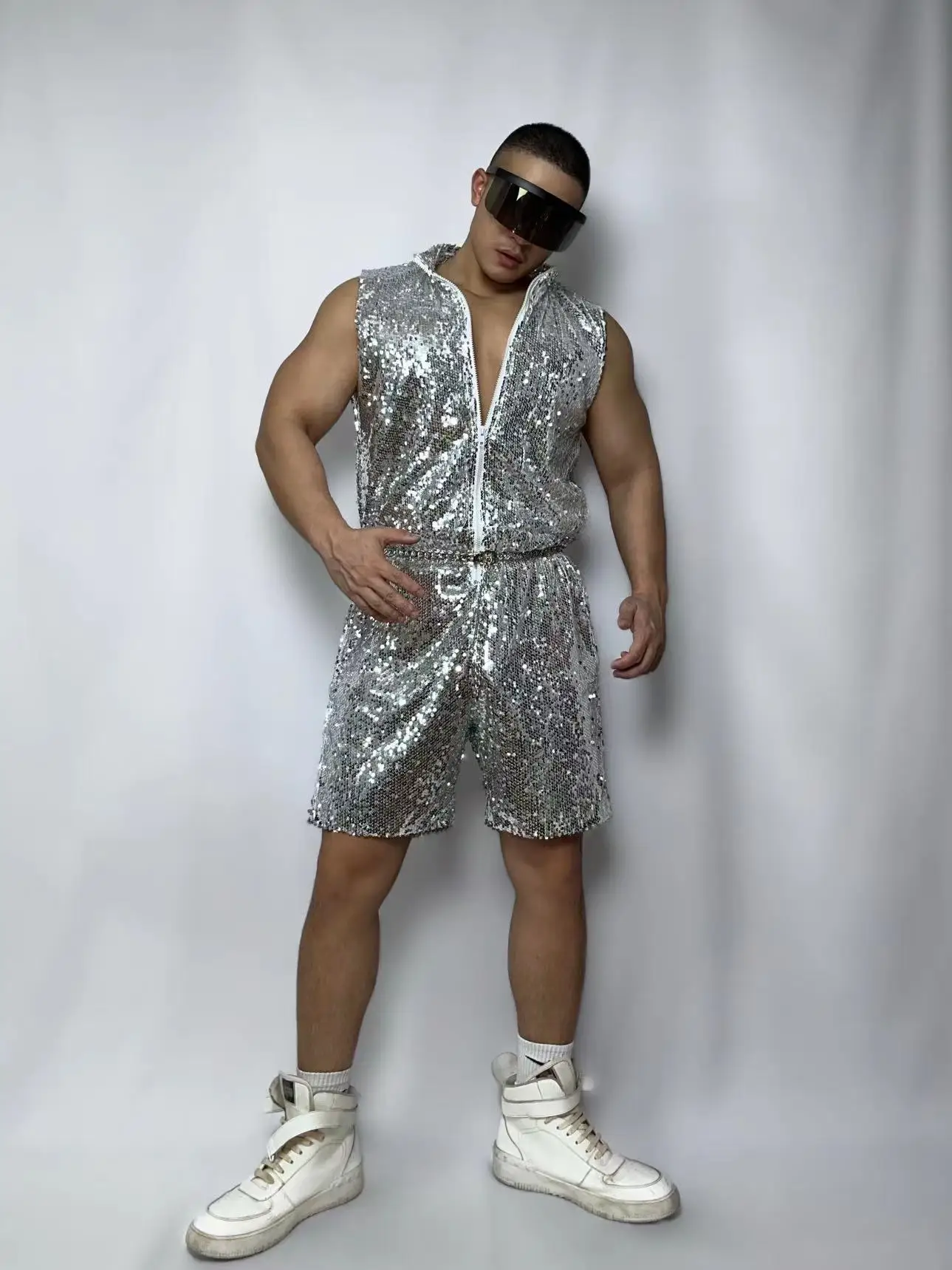 Hip Hop Overalls Dance Costume Glitter Gold Silver Sleeveless Zipper Jumpsuit Bar Nightclub Male DJ Gogo Performance Stage Wear