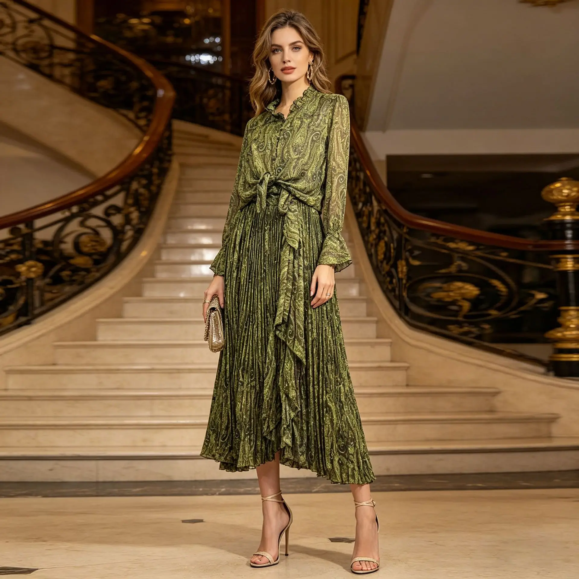 

Elegant Floral Print Two-Piece Set Lantern Long Sleeve V-neck Top + High Waist Waist Cinching Pleated Long Skirt Evening Dress