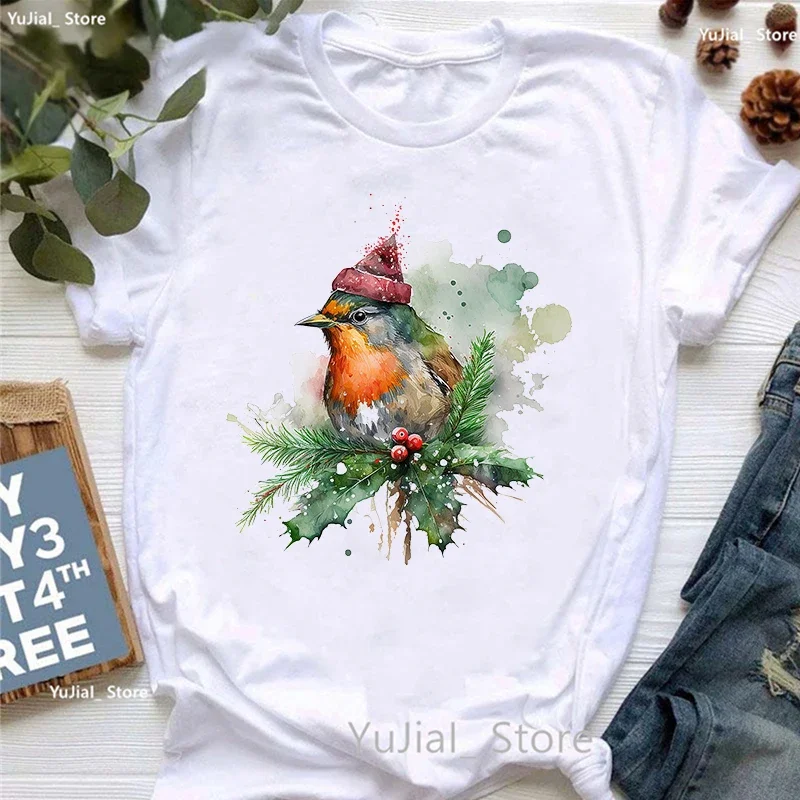 Christmas Robin Birds Printed T Shirt Girls Xmas Gift White Tshirt Women Summer Tops Short Sleeve T-Shirt Female Harajuku Shirt