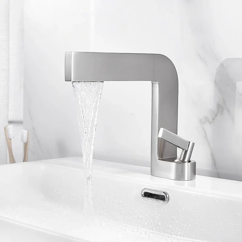 New Minimalist Style Bathroom Brass Single-Hole Basin Faucet with Deck Mount, Single-Hole Hot/Cold Water Faucet