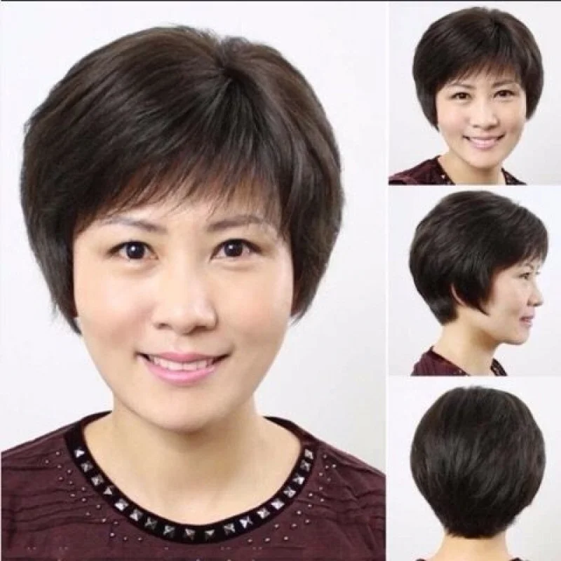 

Short straight wigs middle-aged elderly women, elegant natural-looking, suitable as a gift for mom, realistic and vo