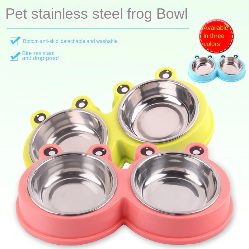 Cat Bowl Dog Bowl Drinking Water Feeding One-piece Pet Double Bowl Stainless Steel Frog Bowl Pet Food Utensils Pet Products