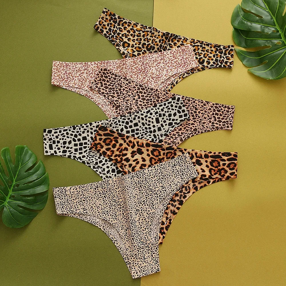 4Pcs/Set Sexy Leopard Thongs Women\'s Panties Thongs 2024 New Female Underwear Seamless Printed Panties Ice Silk Briefs