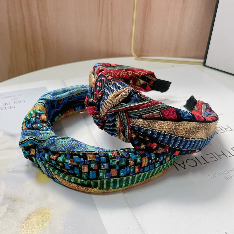 Ethnic Style Wide Edge Knot Printed Fabric Hairhoop Hairband For Women\'s High-End Fashion And Versatile Color Contrast Headband