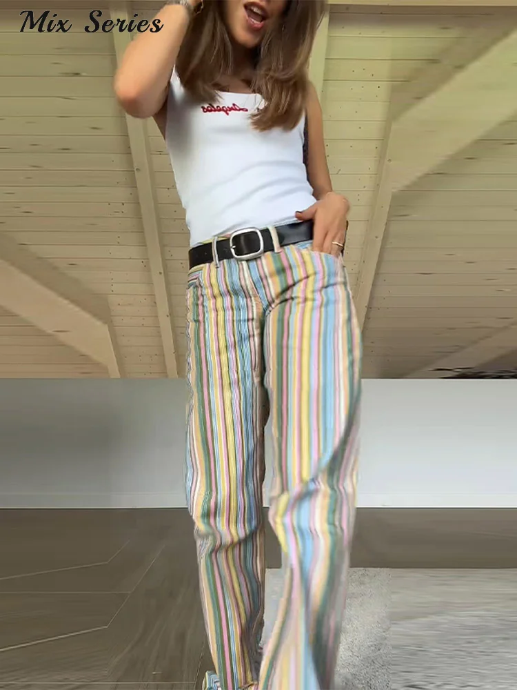 Fashion Color Block Rainbow Stripe Jeans Women's Low Rise Wide Leg Zippers Pant… - Image 4