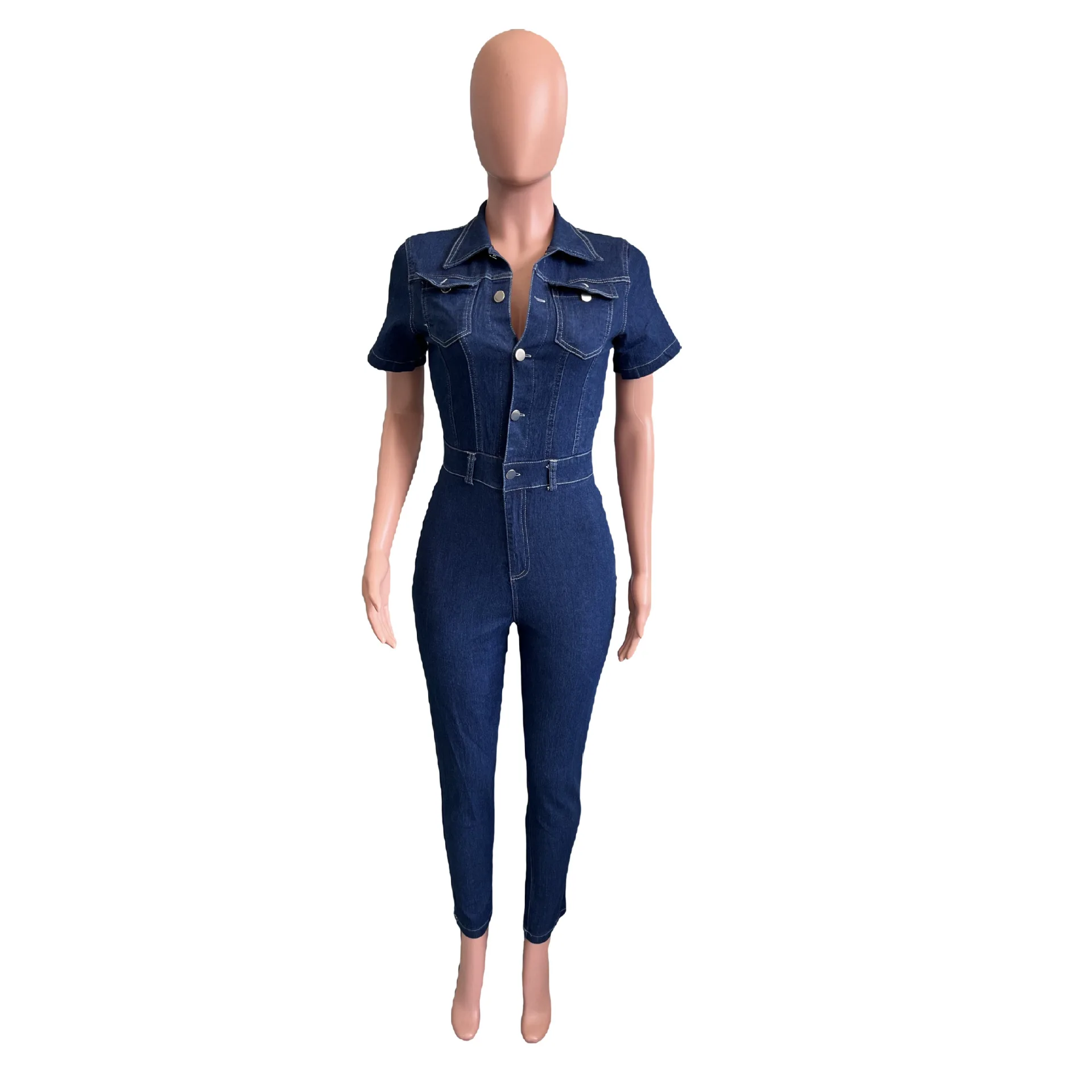 New Fashion Women's Denim Rompers Summer Short Sleeve Lapel Tight Comfortable Solid Color Ladies Rompers