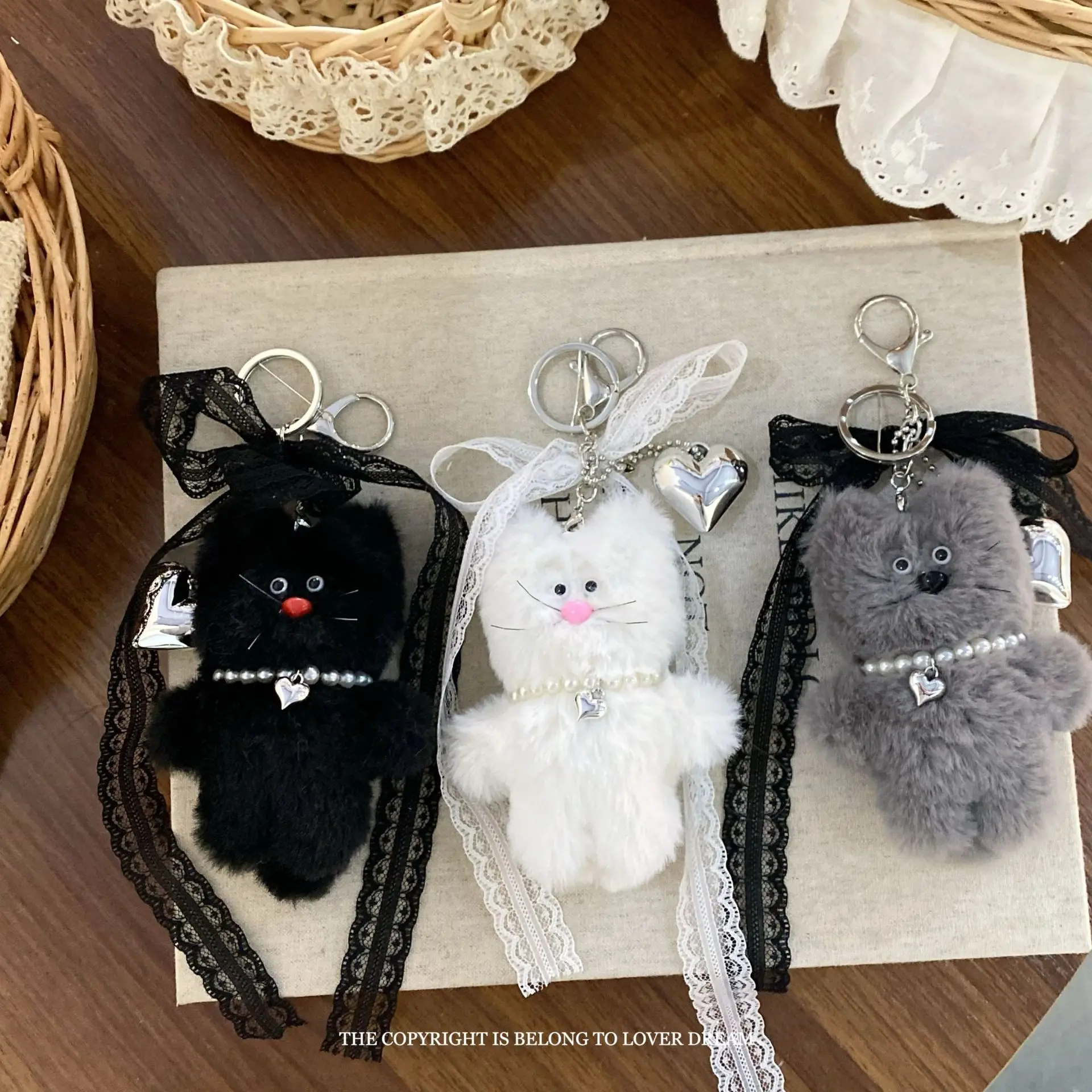 Fashion Korean Lace Bow Love Kitten Keychain Kawaii Sweet Whiskers Cat Plush Animal Pendant Keyfob for Girl Backpack Accessories