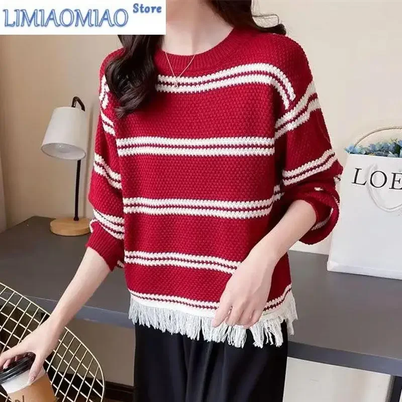 

New Autumn/Winter Fashion Korean Stripe Color Matching Versatile Round Neck Tassel Lazy Style Slim Long Sleeve Knitted Sweater