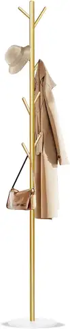 Freestanding Metal Coat Rack with 8 Hooks & Natural Marble Base for Entryway, Hallway, Bedroom - Gold