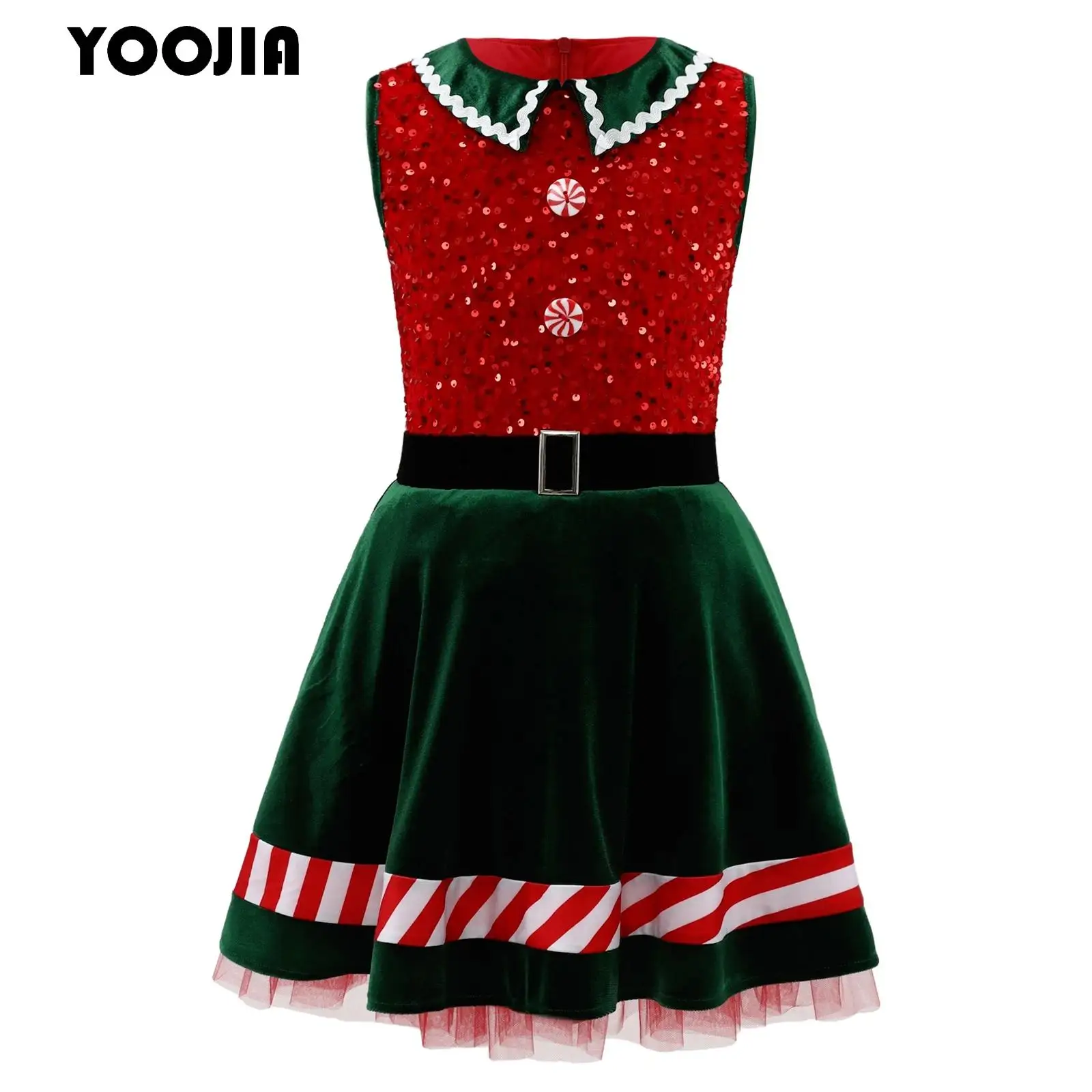 

Kids Girls Christmas Elf Costume Shiny Sequin Turn-Down Collar Xmas Holiday Santa Sweetie Tutu Dress Princess Party Dresses Gift