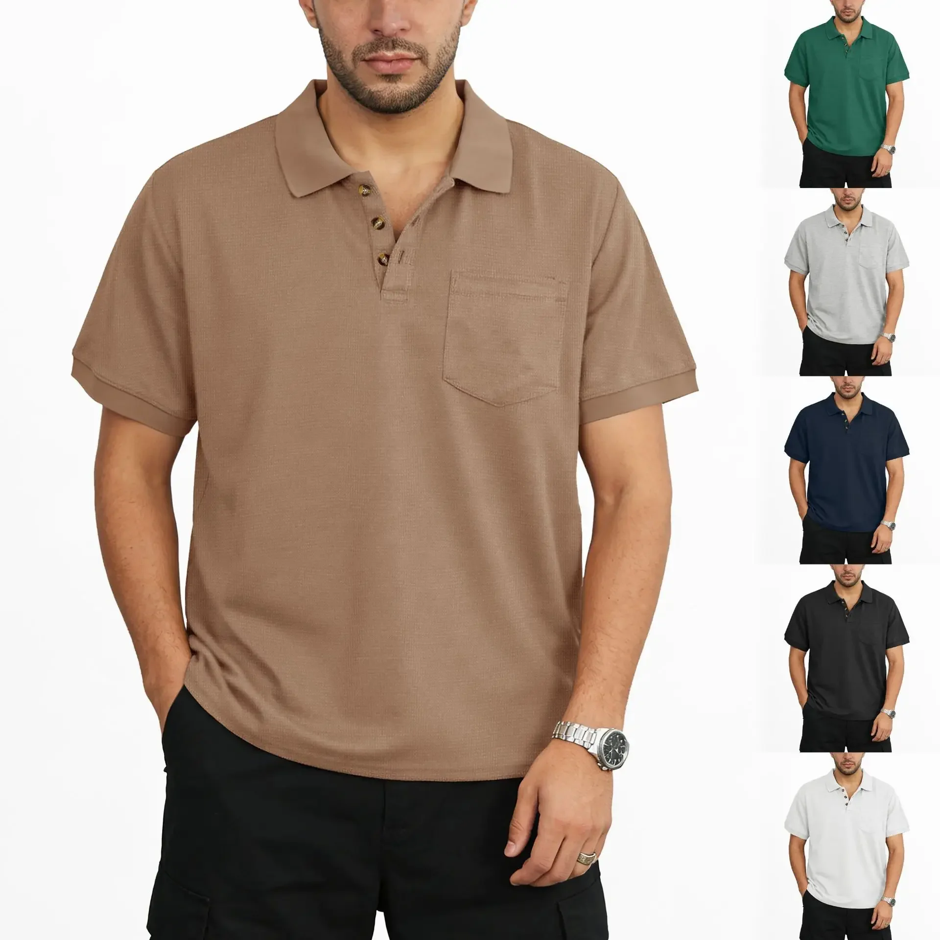 Summer European American Fashion Men Solid Color Short Sleeve Turn-down Collar Pockets Simple Basic Casual Daily Polo Shirt Male