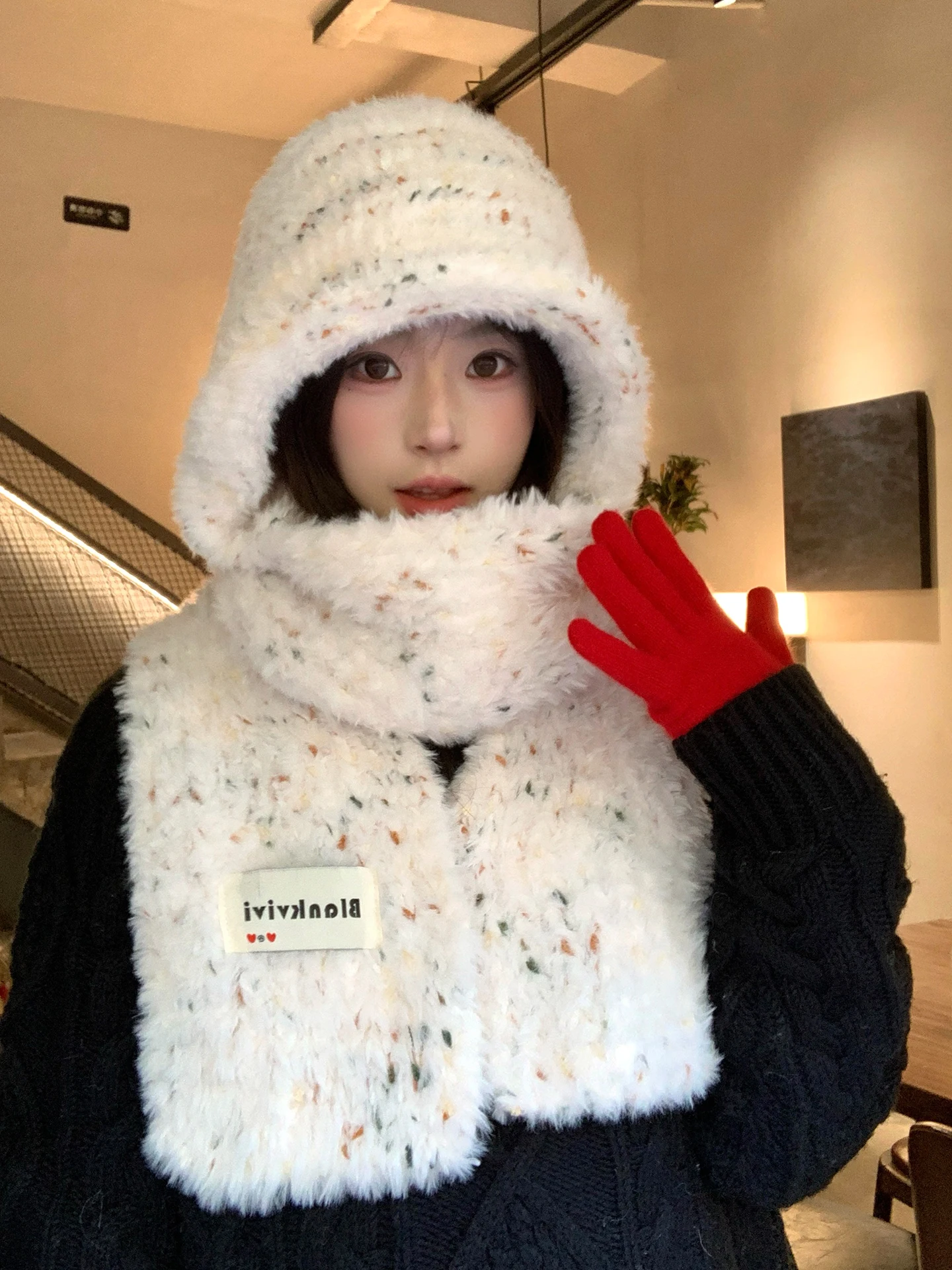 Thickened Plush Winter Hat for Women Warm Cozy Hooded Scarf Integrated Neck Protection Ear Muff Hat Casual Style Non-Adjustable