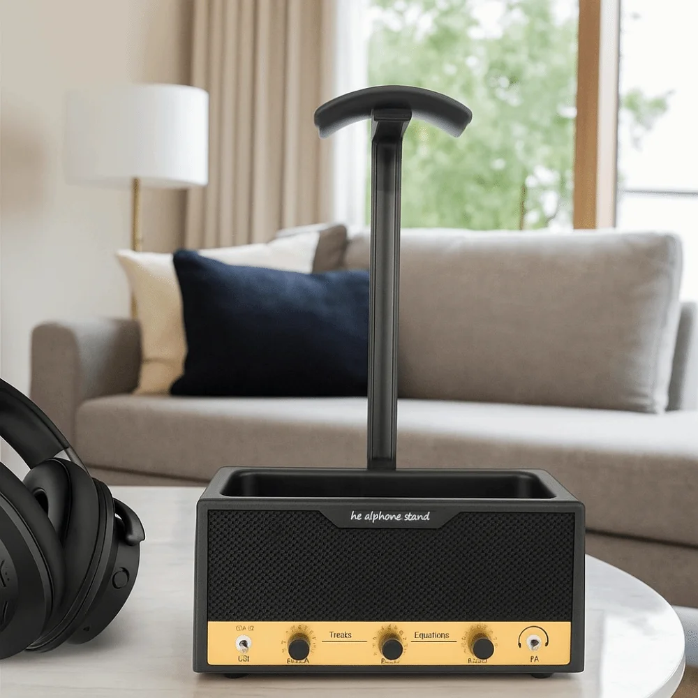 Metal Speaker Earphone Display Stand Space Saving Wide Curved Design Headphone Stand Decorative with Supporting Bar