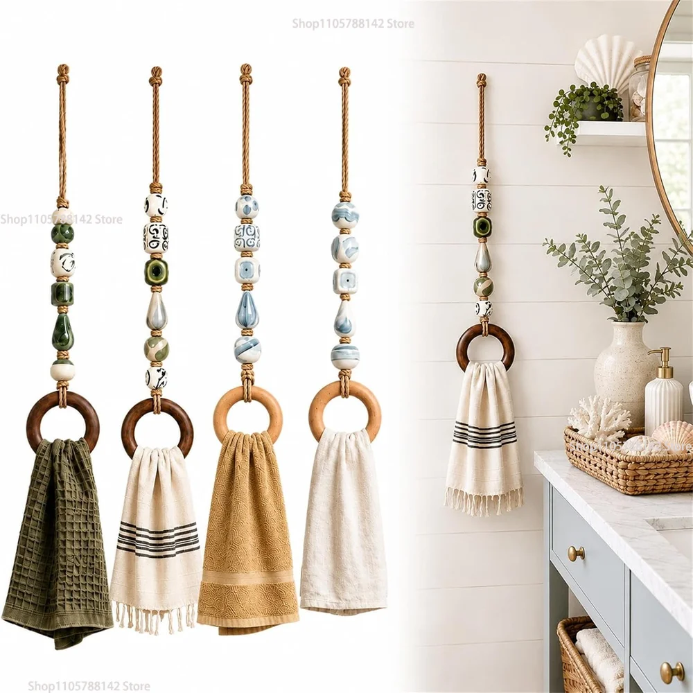 Decorative Beaded Towel Hanger with Wooden Ring-Rustic Bead Hanging Holder,Wall Accents Decoration Crafts Vintage Cottage Gift