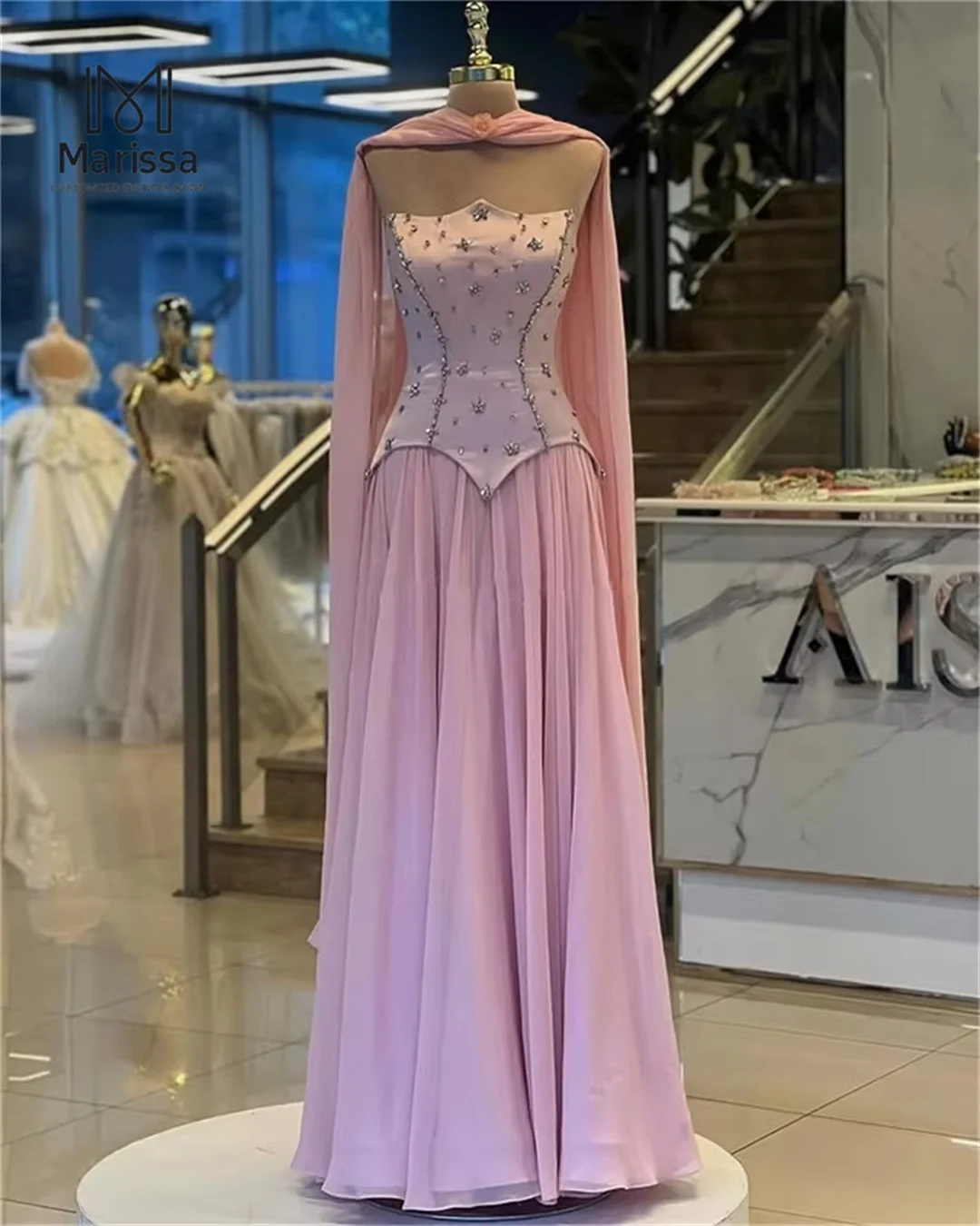 マリッサボールガウンカスタムメイドパーティードレス結婚式用クリスタルサテンイブニングドレス D/パーティー A ラインチュールリボン肩付き