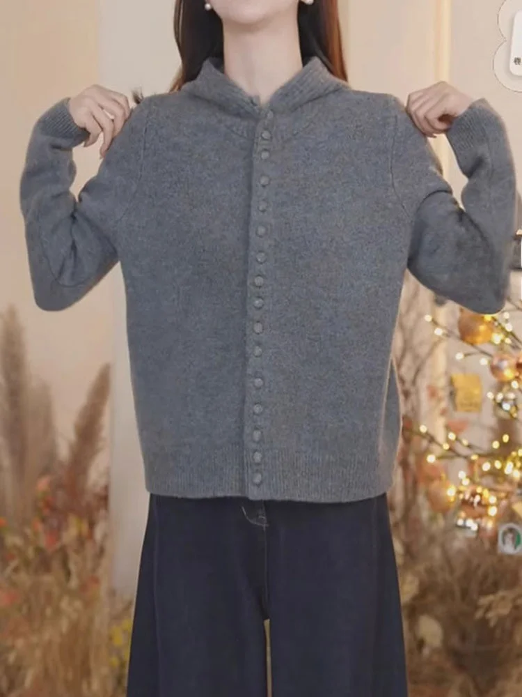 

Korean Sle Pure Color Hooded Knitted Cardigan Long Sve Women's Top Agel Chic Faion Design Casual Fem Outerwear