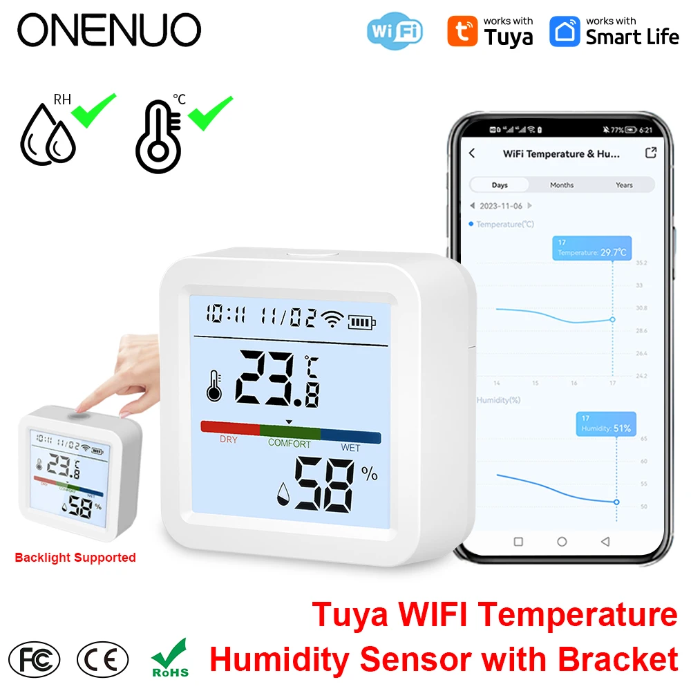 ONENUO Tuya WIFI Temperature Humidity Sensor Hygrometer Thermometer Smart Home Backlight Smart Life Support Alexa Assistant