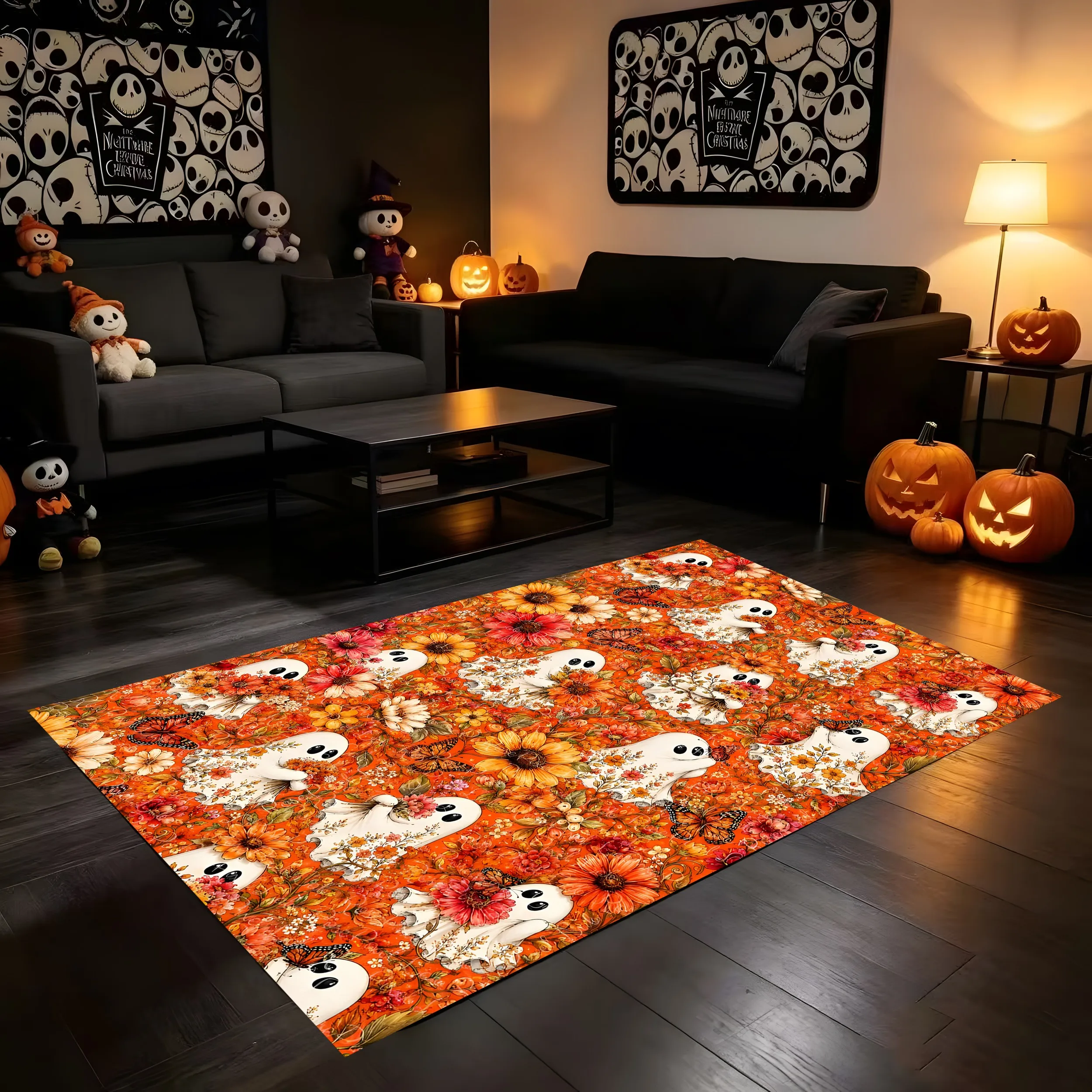 2D Large Carpet Orange Toned Flowers Cute Little Ghosts Adorable Fun Style Warm Eye Catching Halloween Atmosphere