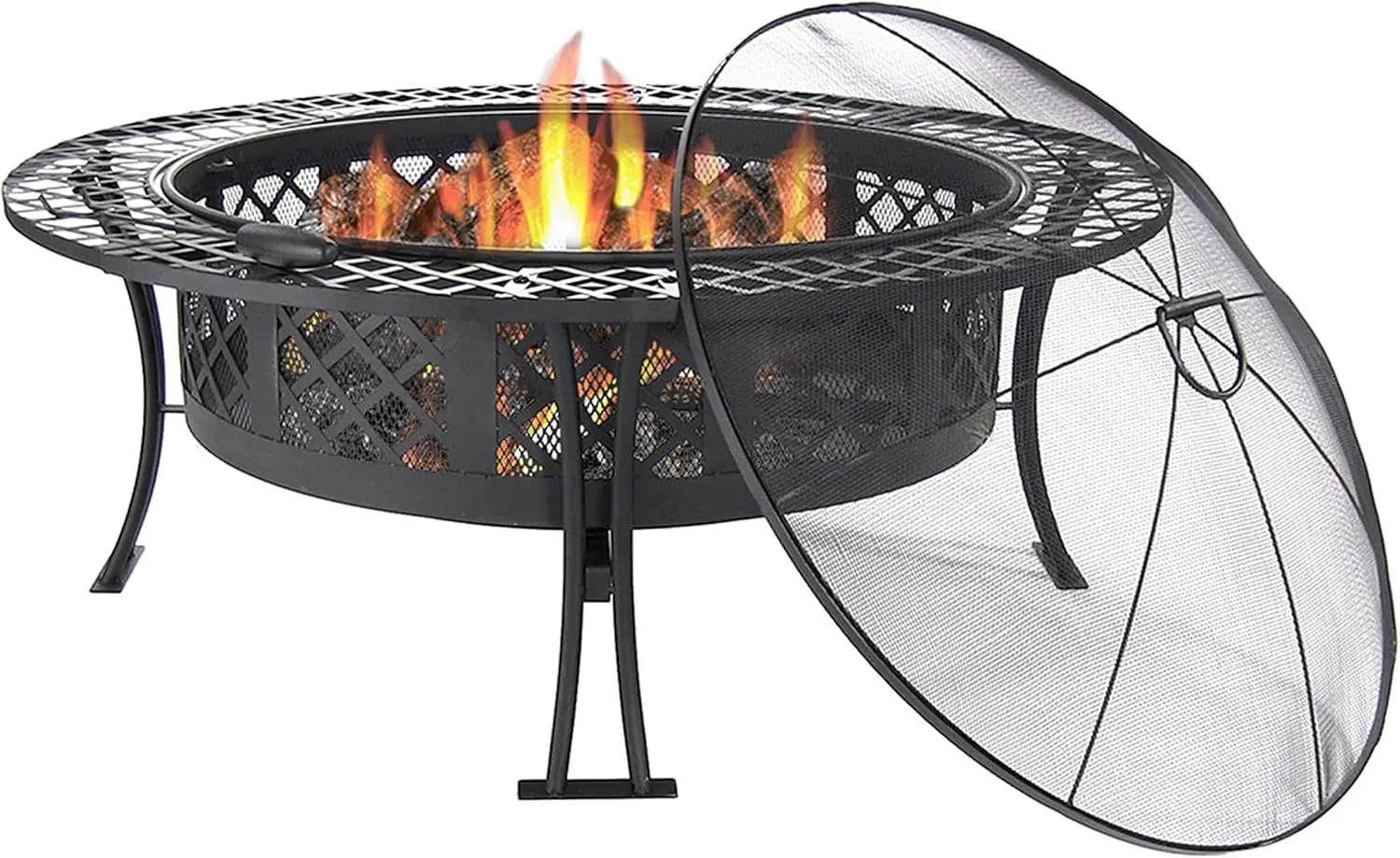 40-Inch Round Steel Fire Pit Table with Durable Spark Screen and Poker - Portable Design - Black - Diamond Weave