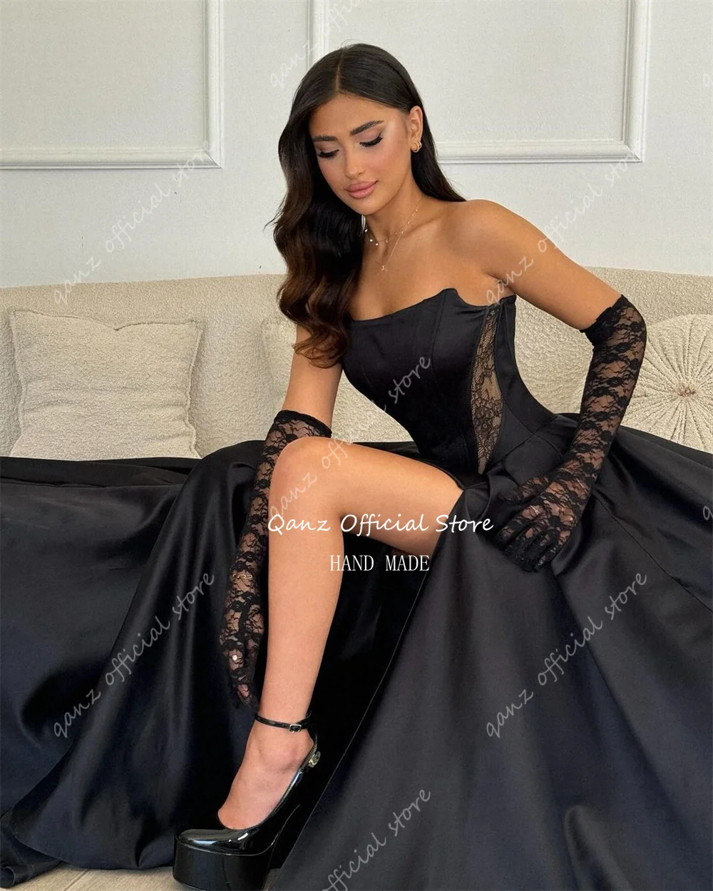 Qanz Elegant Black Satin Evening Dresses High Slit Strpless Lace Up Back Vestido De Festa Long Women Party Gowns Customized