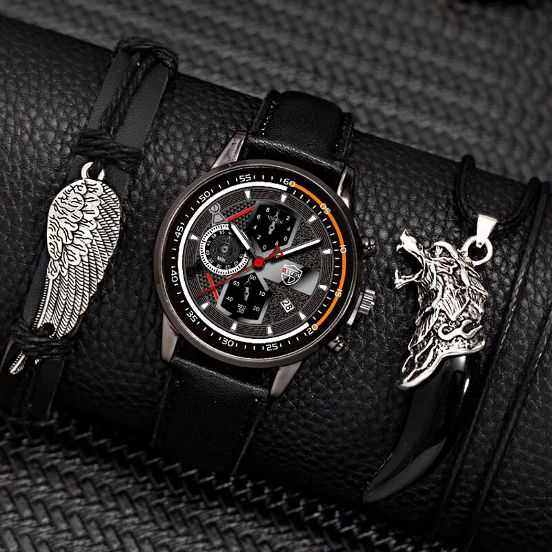 3PCS Set Fashion Mens Calendar Watches Male Business Casual Black Leather Quartz Watch Men Necklace Bracelet Wrist Watch