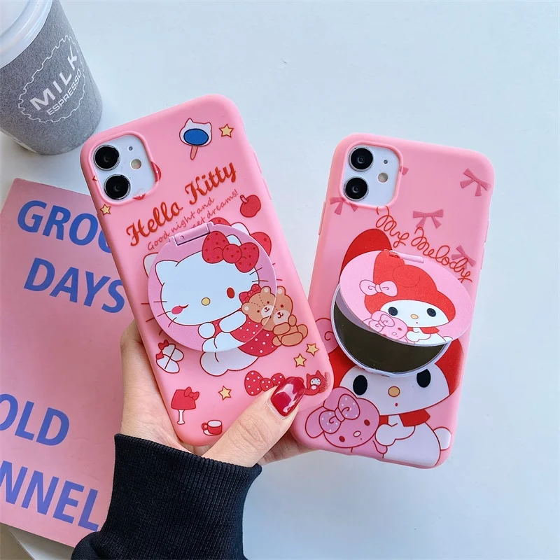 Luxury Hello Kitty Phone Case For iPhone 14 13 11 12 Pro Max XS XR 7 8Plus Soft Silicone With Cosmetic Mirror Cartoon Cover Y2K