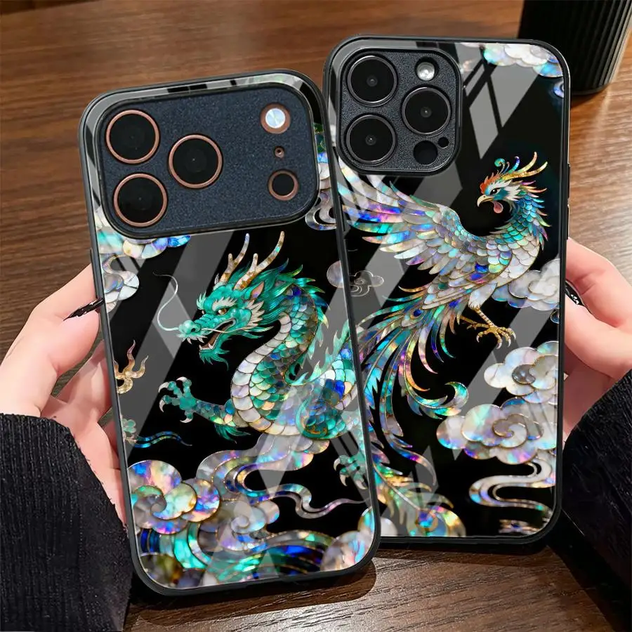 Coque pour iPhone 17 Pro Max 13 12 16 11 Air 8 XR 15 Plus 14, coque de téléphone en verre, nuages, dragon, tigre