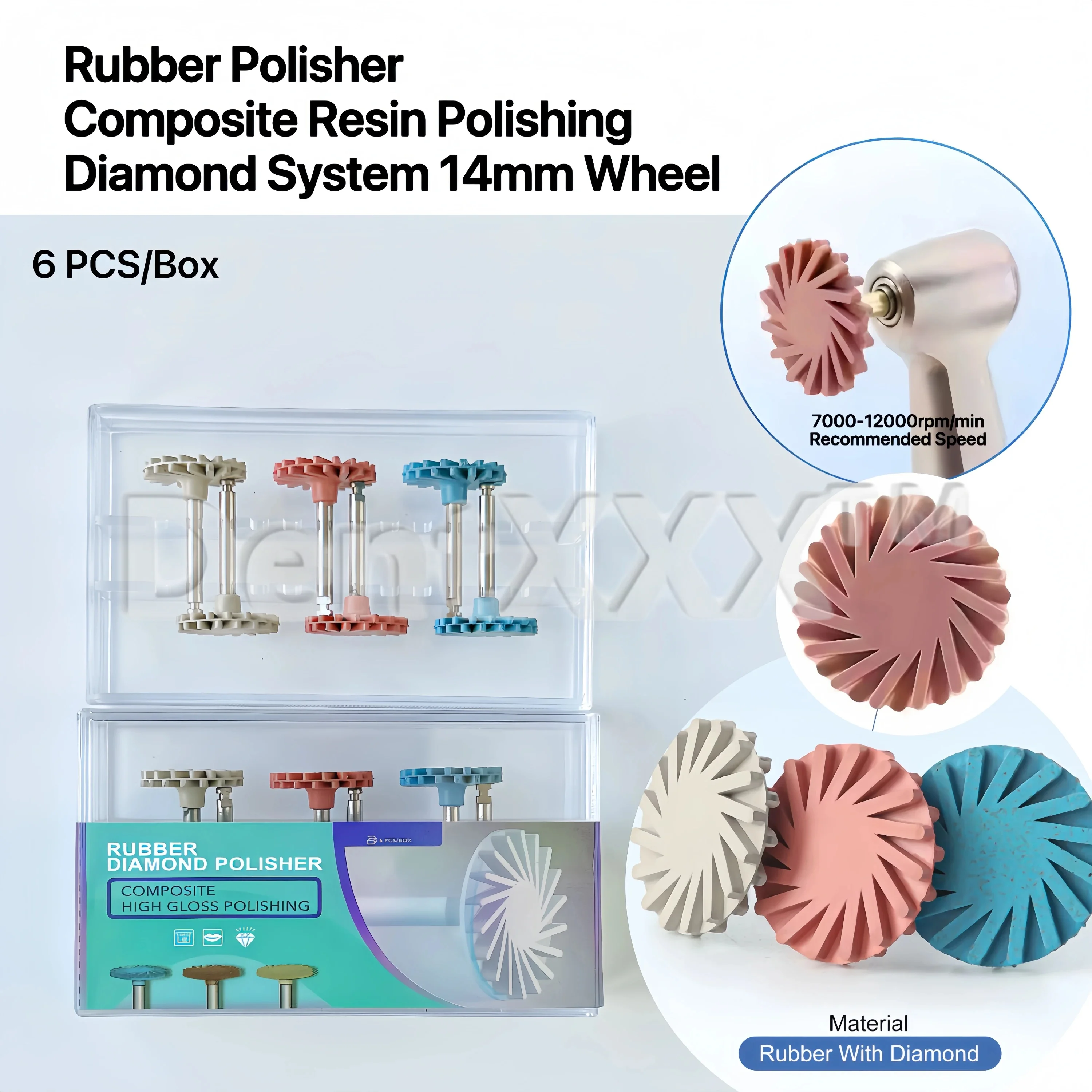

6Pcs/Box Rubber Cyclone Wheel Polishing Set, RA2.35mm Low-Speed Handle, Coarse/Medium/Fine Surface Pre-Polishing, Fine Polishing