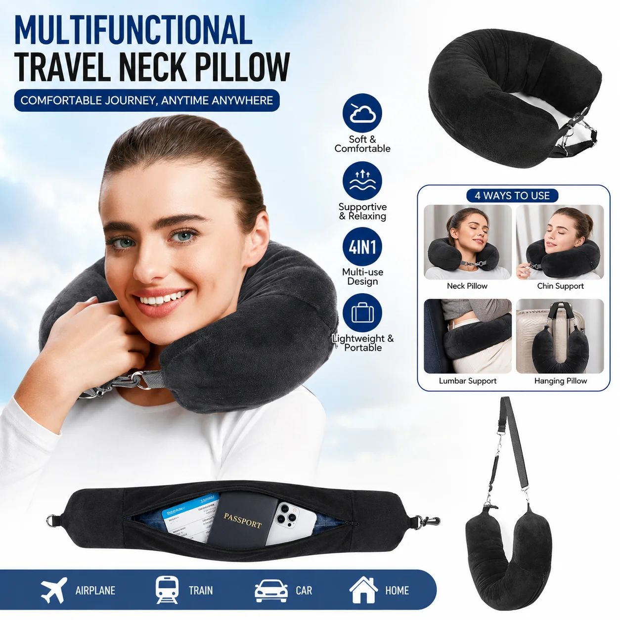 Travel Neck Pillow with Fillable Clothing U-Shaped Pillowcase, Extra Storage Bag, Velvet Neck Pillow Cover for Airplane Journey