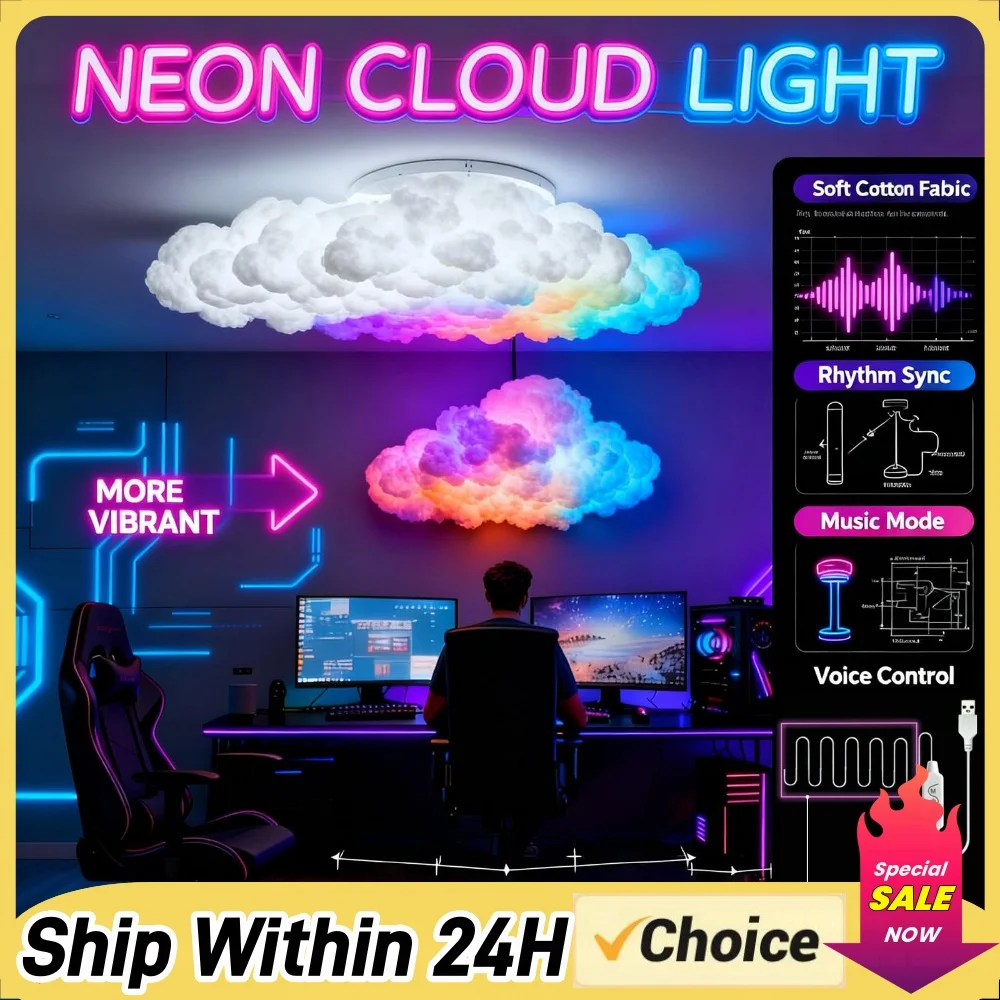 DIY Thundercloud LED Light USB-Powered 3D Big Cloud Lightning Light for Game Room Bedroom Decor