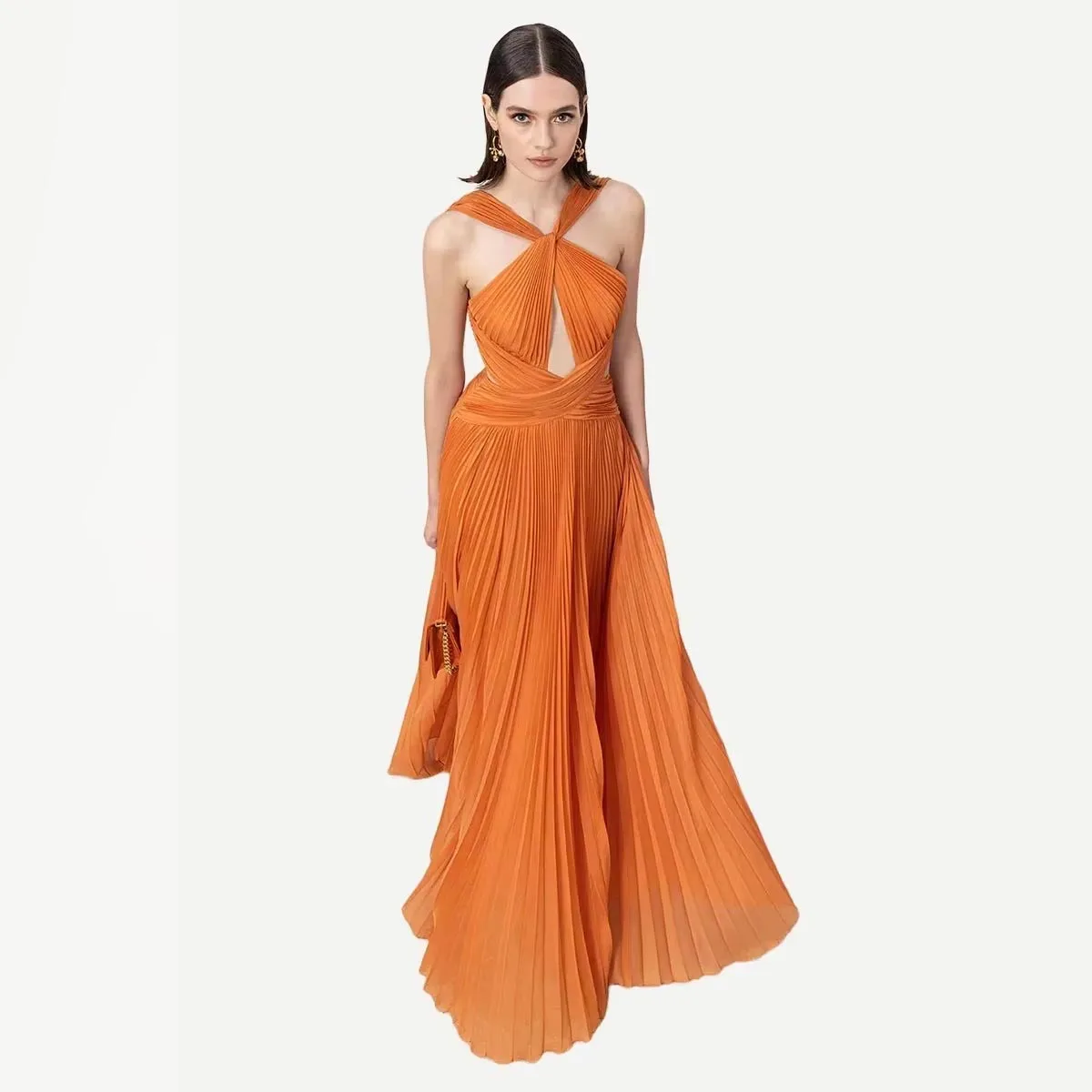 Backless Customized Women Evening Dress Cross Pleated Sleeveless Celebrity Dress A Line Floor Length Pleated Prom Party Gown image 3