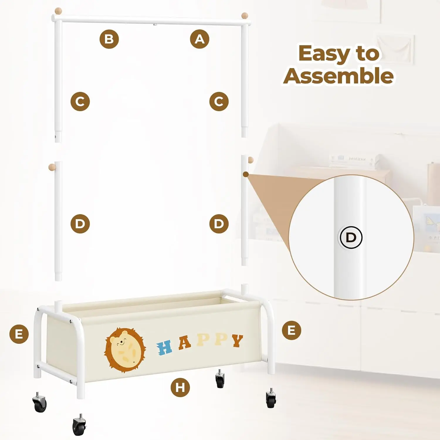 خزانة ملابس للأطفال مع سلة، رف ملابس للأطفال لملابس الأزياء والمعاطف باللون البيج