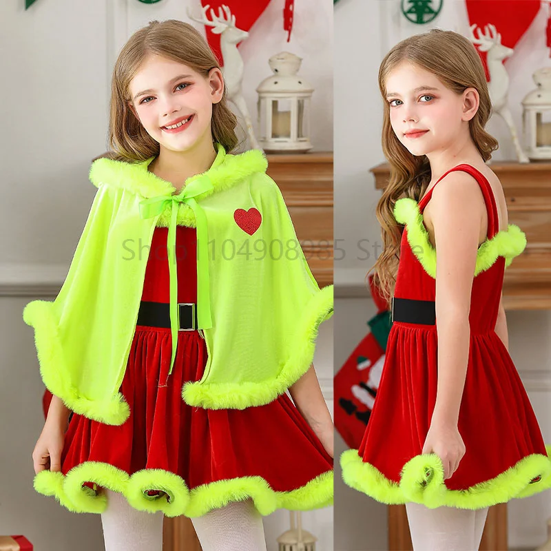 

Christmas Girls Red Green Dress Cape Cloak Party Christmas Costumes Winter Warm Cosplay Santa Claus Fancy Dress Shawl