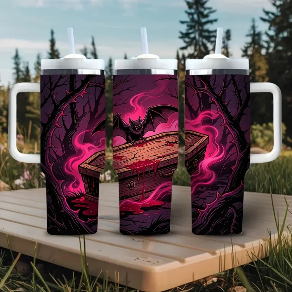 40Oz Tumbler with Handle, Spooky Bat Coffin Halloween Print, Suitable for Halloween Lovers, Fits Both Cold And Hot Drinks, Ideal for Daily Use And Outdoor Activities in Halloween Season