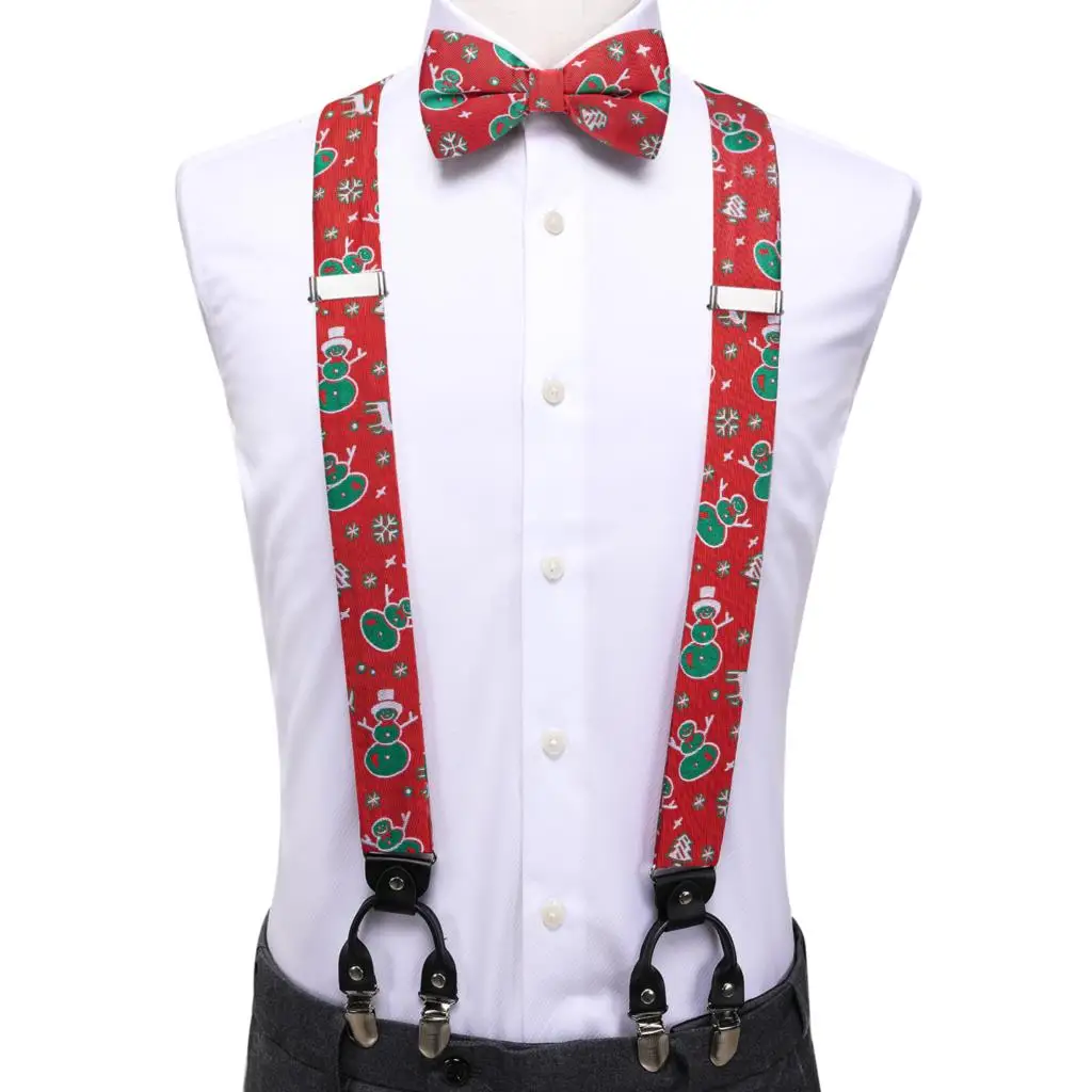 Hi-Tie Red Silk Christmas Mens Braces Jacquard Bowtie Hanky Cufflink Y Back Clip On Adjustable Suspender Bowtie Wedding Luxury