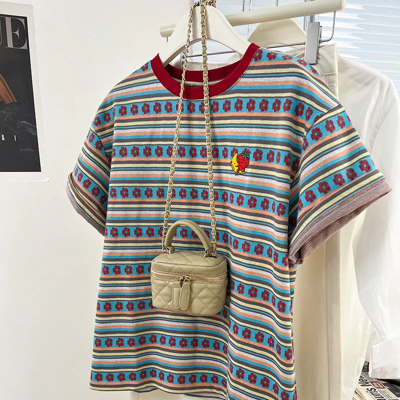 Women Summer New Chic T-Shirt Casual Retro Striped Short Sleeve T-shirt Streetwear  Round Neck Loose Tops