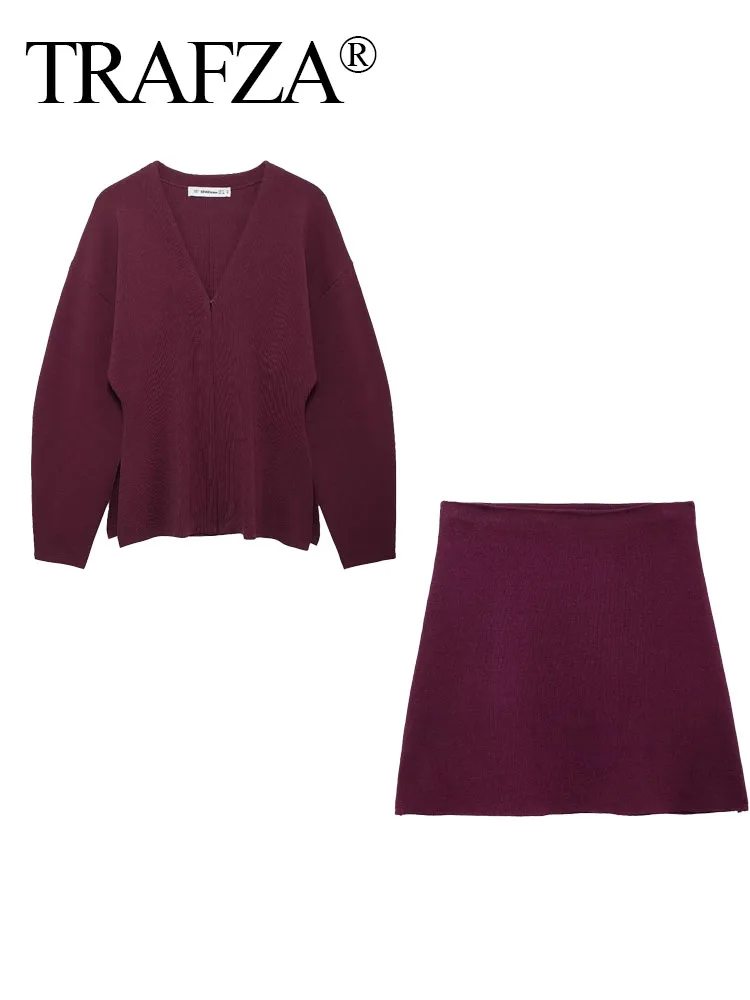 TRAFZA 2024 Autumn Slim Skirts Sets Wine Red Solid V-Neck Long Sleeve Cardigan+ A Line Mini Skirts Mujer Roupas Casual Street