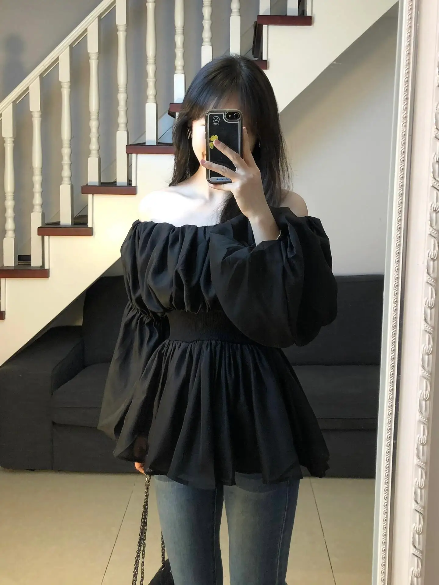 

Элегантная женская рубашка с рукавами-фонариками в стиле Pure Desire, с завышенной талией, на одно плечо, весна-осень, новый дизайн, повседневная рубашка