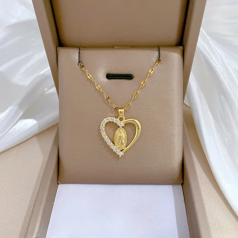 Virgin Maria Necklace Crystal Heart Necklace For Women Gold Plated Virgin Mary Stainless Steel Chain Choker Religious Jewelry