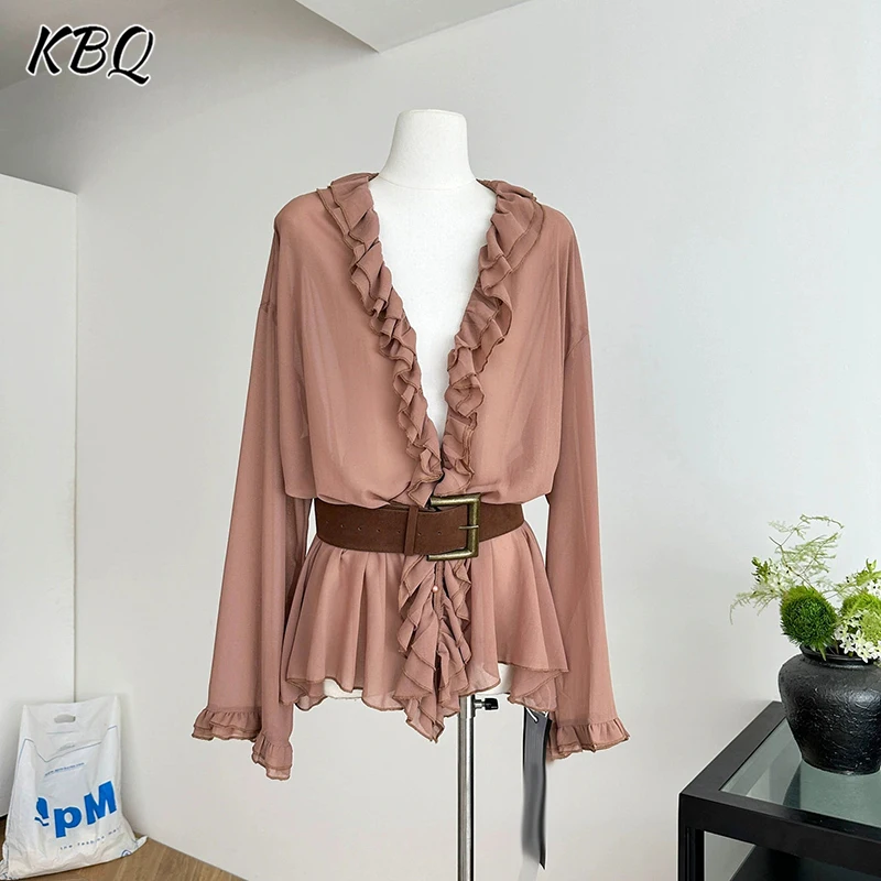 

KBQ Solid Spliced Ruffles Loose Blouse for Women Deep V Neck Long Seeve Spliced Belts Design Sense Shirt Female Fashion Style
