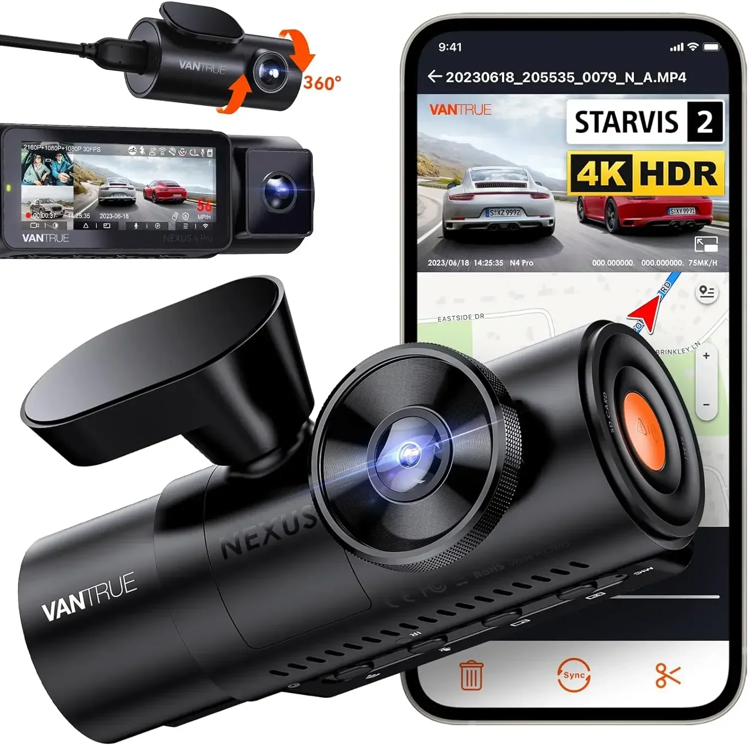 N4 Pro 3 Channel 4K WiFi Dash Cam, STARVIS 2 IMX678 Night Vision, 4K+1080P+1080P Front Inside and Rear Triple Car Camera